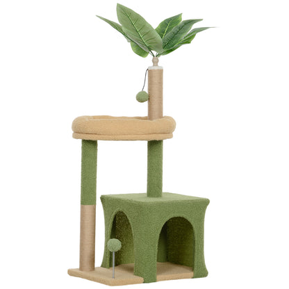 Cat Tree, 98 cm, with hideaway, bed, scratching posts, 2 play balls, and artificial leaves, green