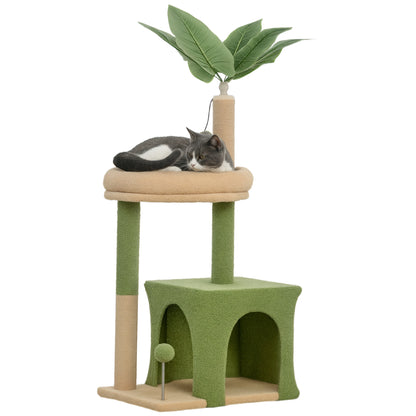 Cat Tree, 98 cm, with hideaway, bed, scratching posts, 2 play balls, and artificial leaves, green