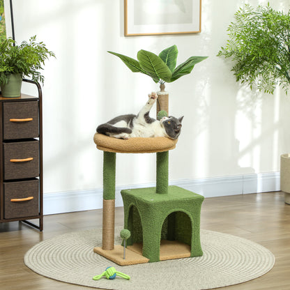 Cat Tree, 98 cm, with hideaway, bed, scratching posts, 2 play balls, and artificial leaves, green