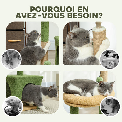 Cat Tree, 98 cm, with hideaway, bed, scratching posts, 2 play balls, and artificial leaves, green