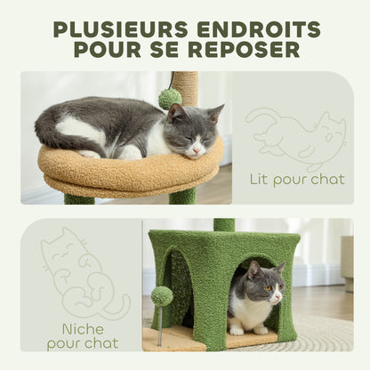 Cat Tree, 98 cm, with hideaway, bed, scratching posts, 2 play balls, and artificial leaves, green