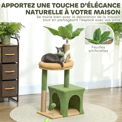 Cat Tree, 98 cm, with hideaway, bed, scratching posts, 2 play balls, and artificial leaves, green