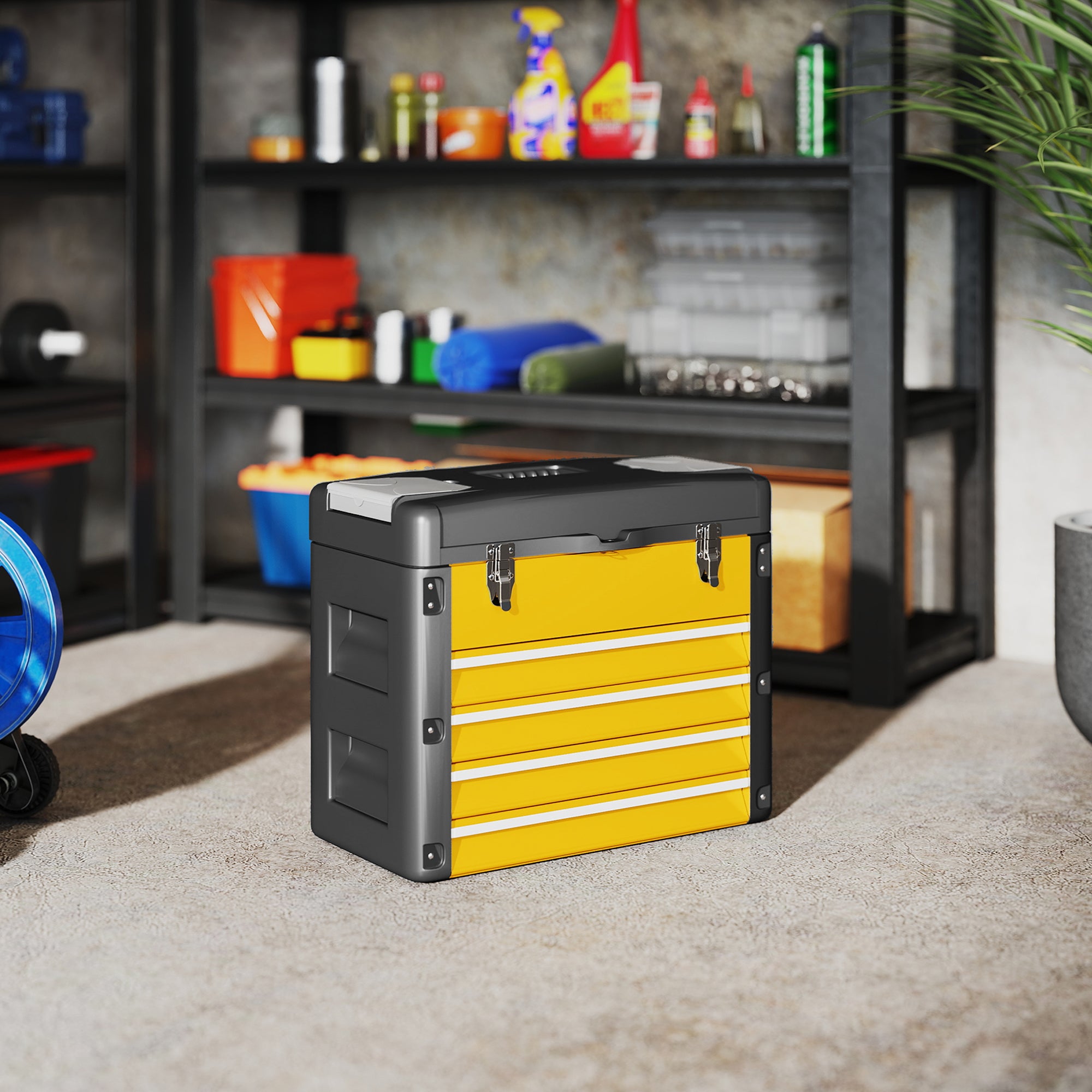 4-Drawer Tool Chest — Powder-Coated Steel Toolbox with Removable Tray, Small Parts Boxes, Ball-Bearing Slides & Carry Handle (Yellow)