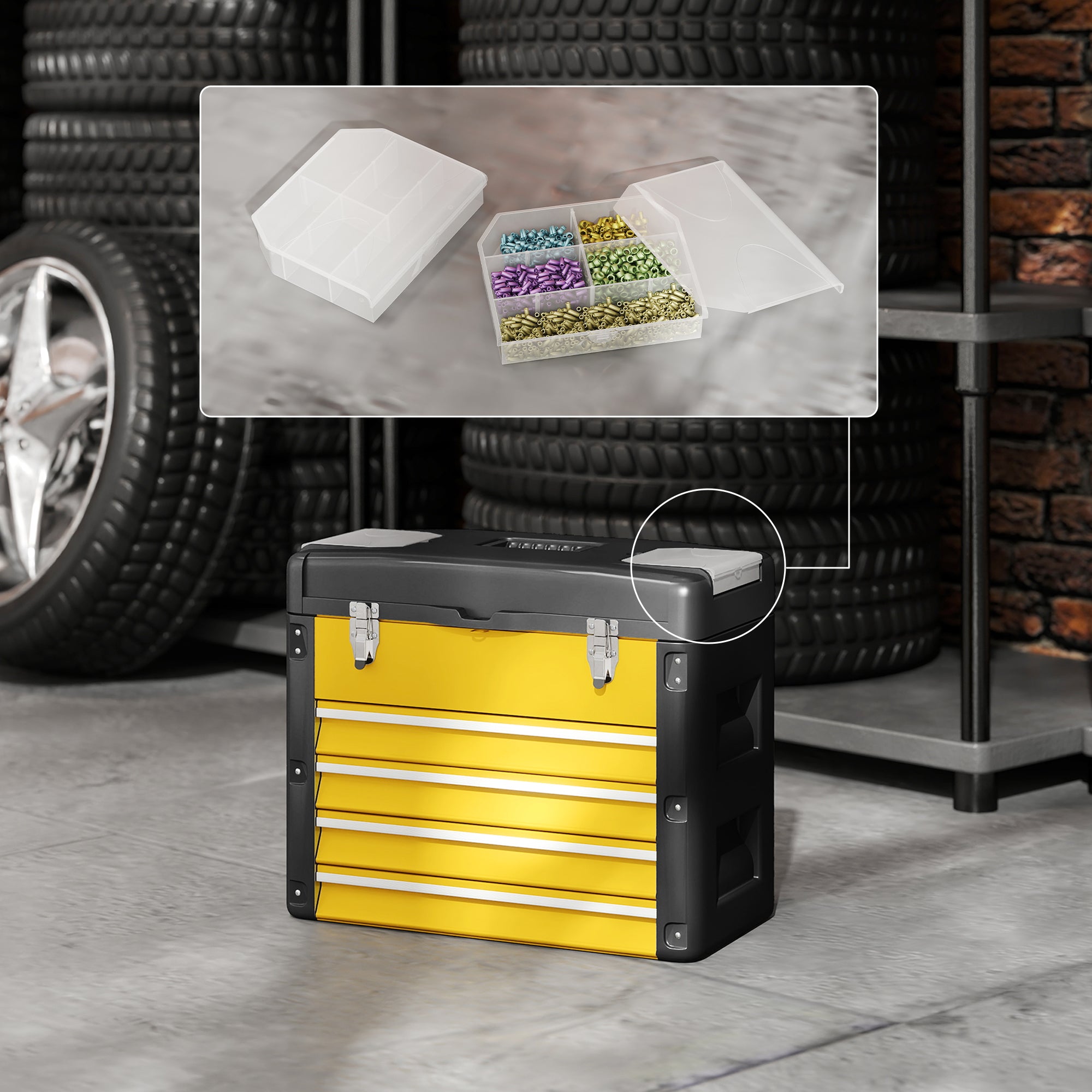 4-Drawer Tool Chest — Powder-Coated Steel Toolbox with Removable Tray, Small Parts Boxes, Ball-Bearing Slides & Carry Handle (Yellow)