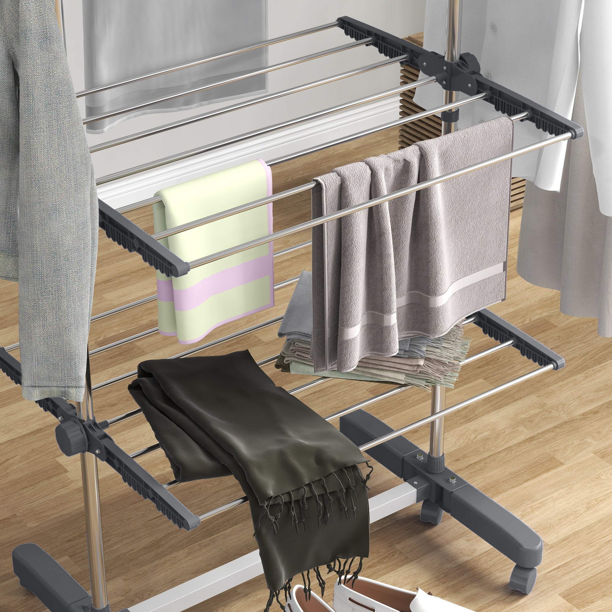 Clothes Rack Tower Clothes Dryer with 4 Levels, Folding Wings, Wheels, Tower Clothes Dryer for Indoor and Outdoor Use, 142 x 55 x 172 cm, Gray