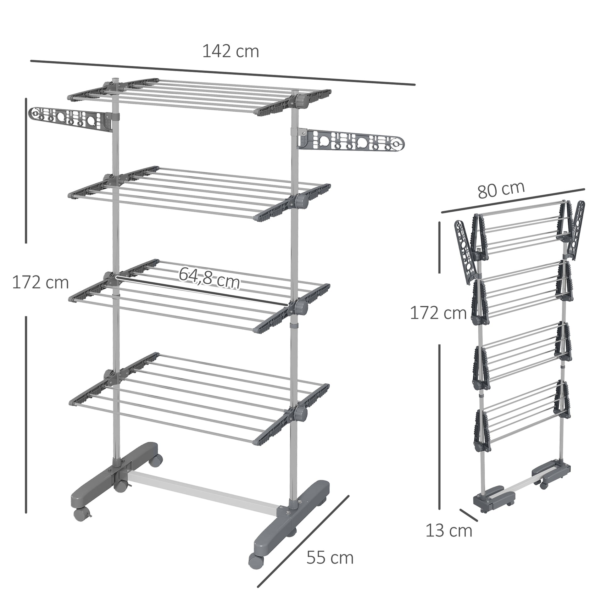 Clothes Rack Tower Clothes Dryer with 4 Levels, Folding Wings, Wheels, Tower Clothes Dryer for Indoor and Outdoor Use, 142 x 55 x 172 cm, Gray