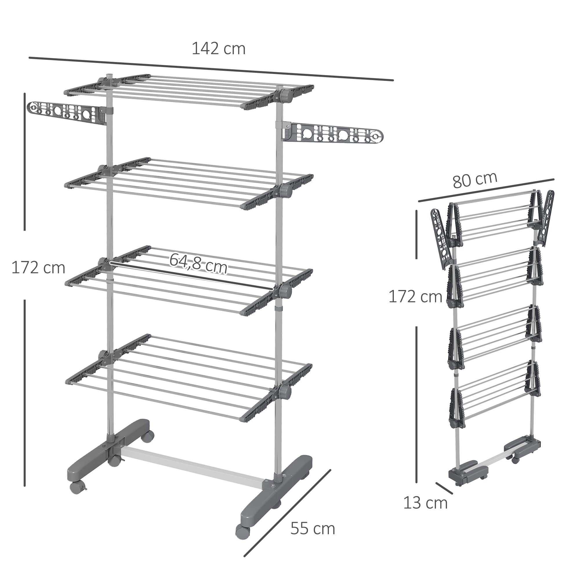 Clothes Rack Tower Clothes Dryer with 4 Levels, Folding Wings, Wheels, Tower Clothes Dryer for Indoor and Outdoor Use, 142 x 55 x 172 cm, Gray