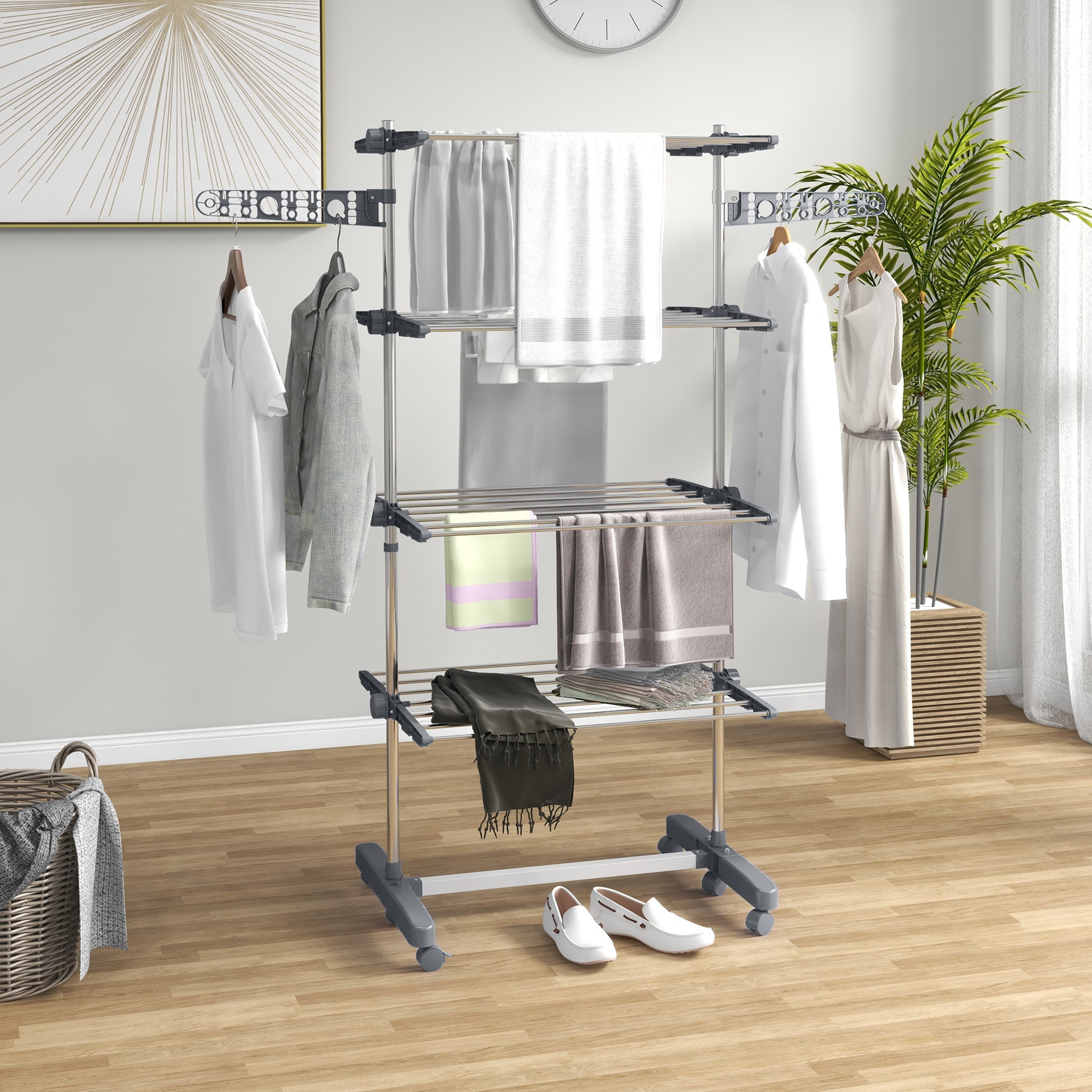 Clothes Rack Tower Clothes Dryer with 4 Levels, Folding Wings, Wheels, Tower Clothes Dryer for Indoor and Outdoor Use, 142 x 55 x 172 cm, Gray