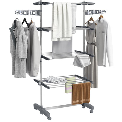 Clothes Rack Tower Clothes Dryer with 4 Levels, Folding Wings, Wheels, Tower Clothes Dryer for Indoor and Outdoor Use, 142 x 55 x 172 cm, Gray