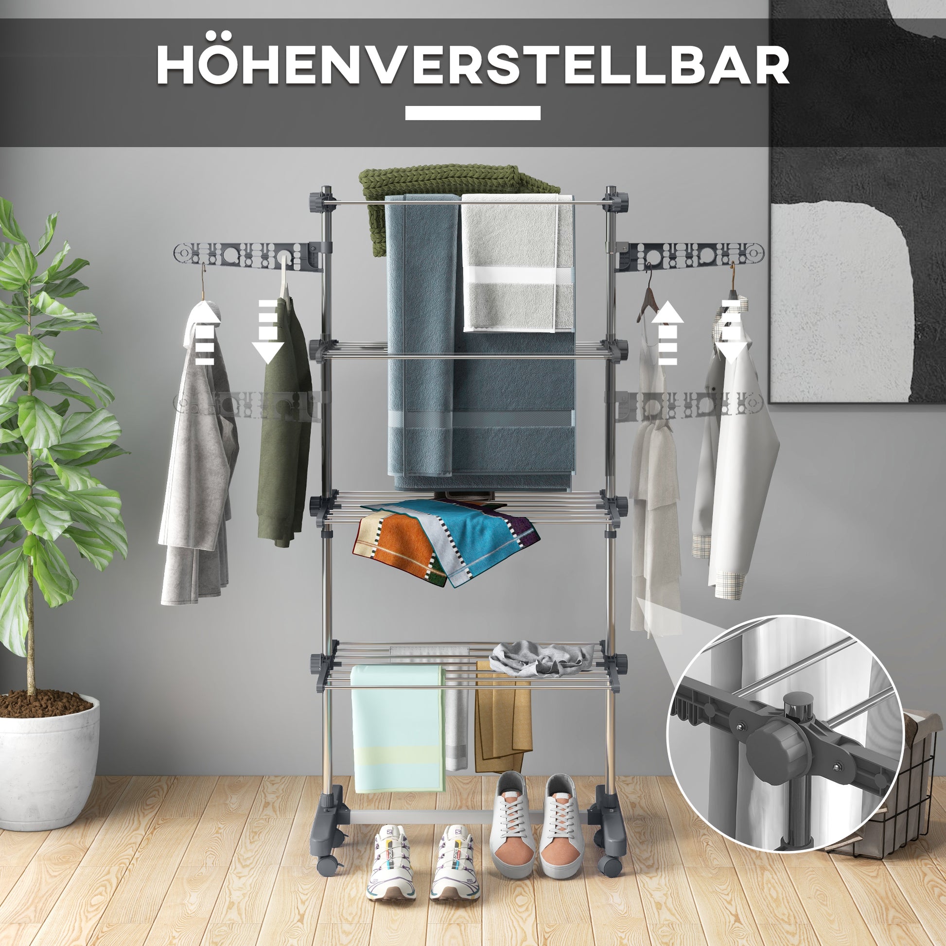 Clothes Rack Tower Clothes Dryer with 4 Levels, Folding Wings, Wheels, Tower Clothes Dryer for Indoor and Outdoor Use, 142 x 55 x 172 cm, Gray