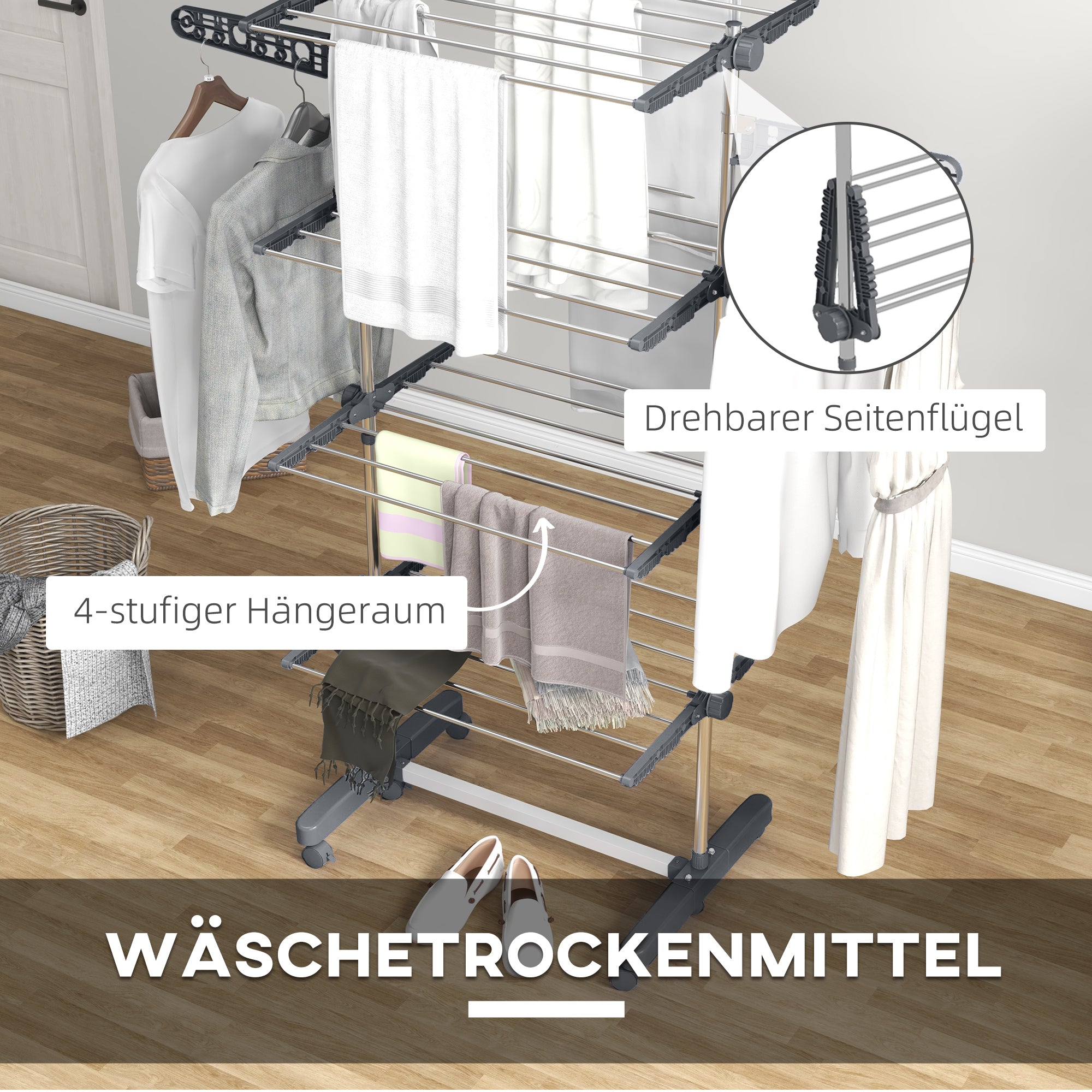 Clothes Rack Tower Clothes Dryer with 4 Levels, Folding Wings, Wheels, Tower Clothes Dryer for Indoor and Outdoor Use, 142 x 55 x 172 cm, Gray