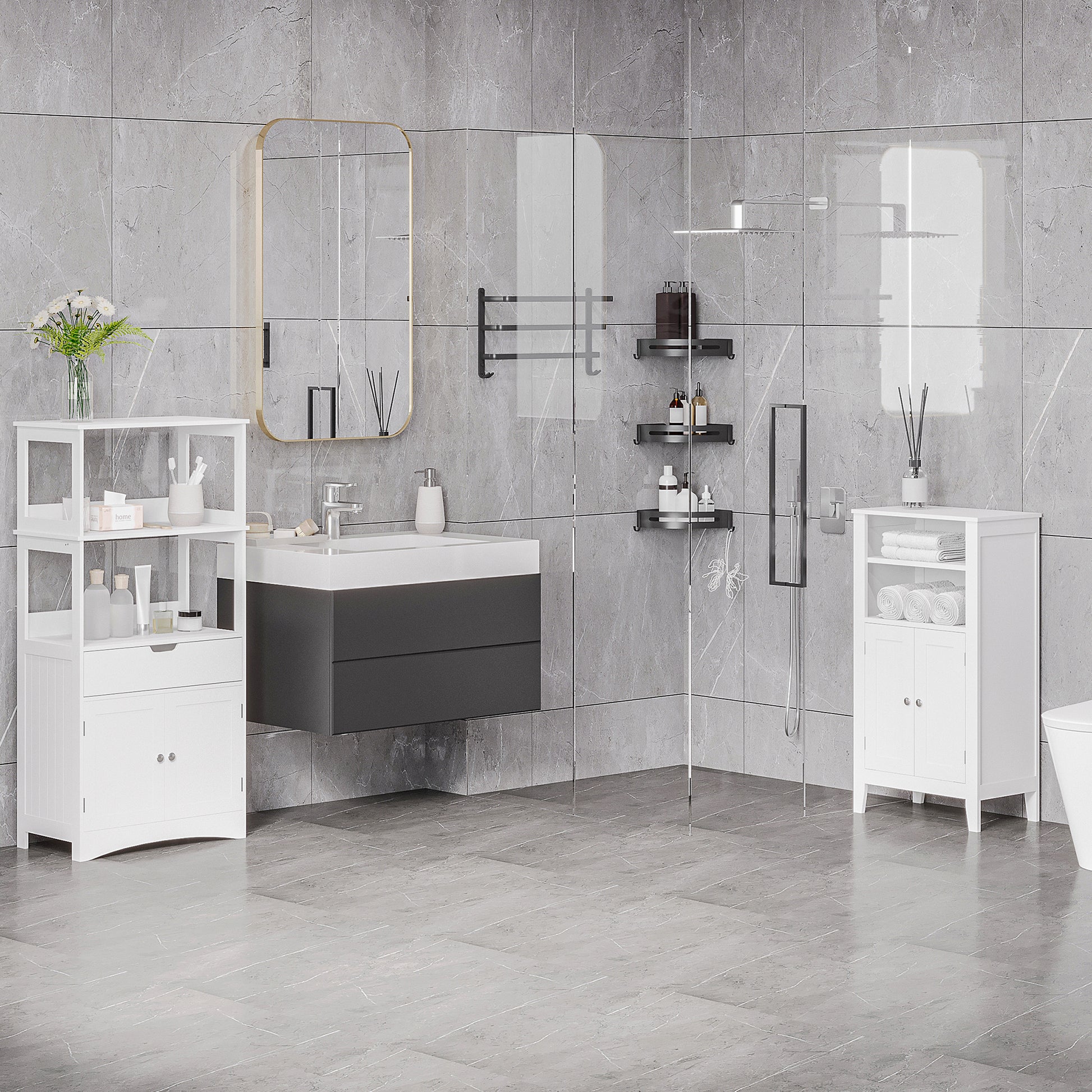 Bathroom Cabinet with Adjustable Shelves and 2 Doors, Multipurpose Wooden Bathroom Cabinet, White, 50x30x93cm
