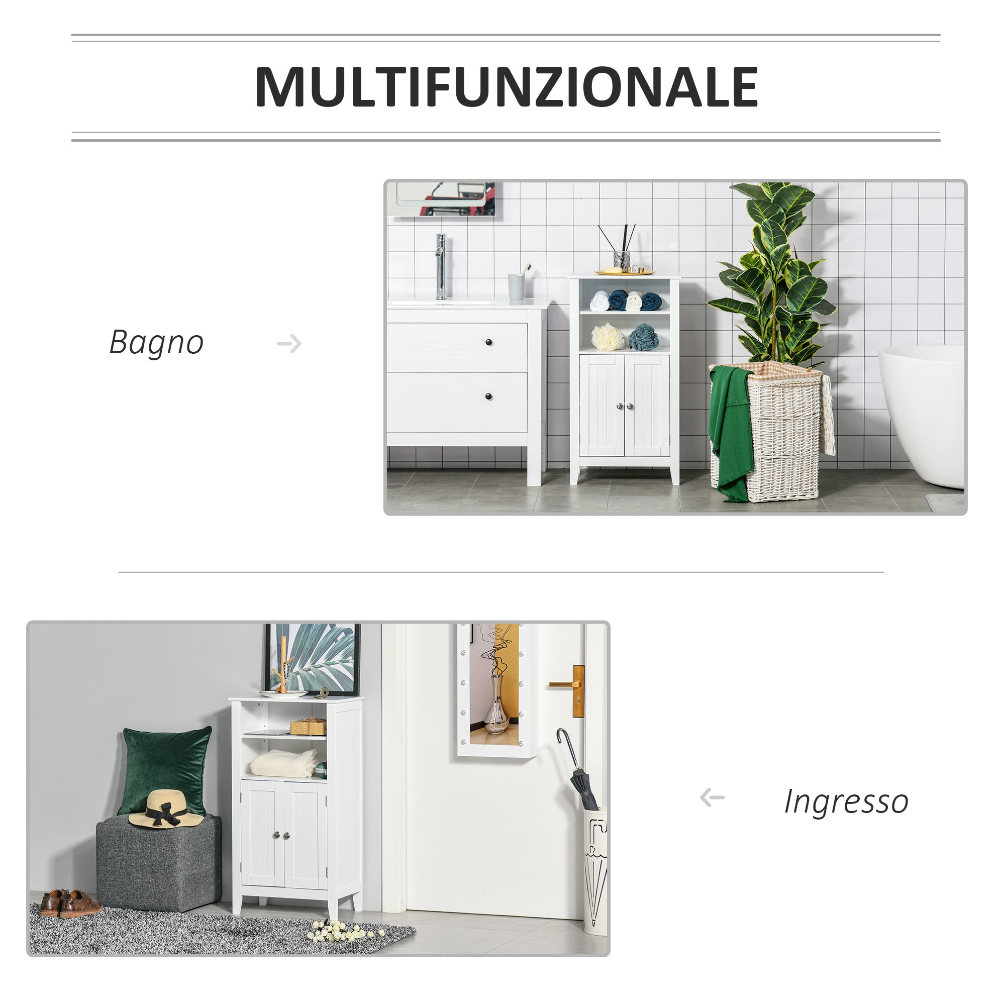 Bathroom Cabinet with Adjustable Shelves and 2 Doors, Multipurpose Wooden Bathroom Cabinet, White, 50x30x93cm