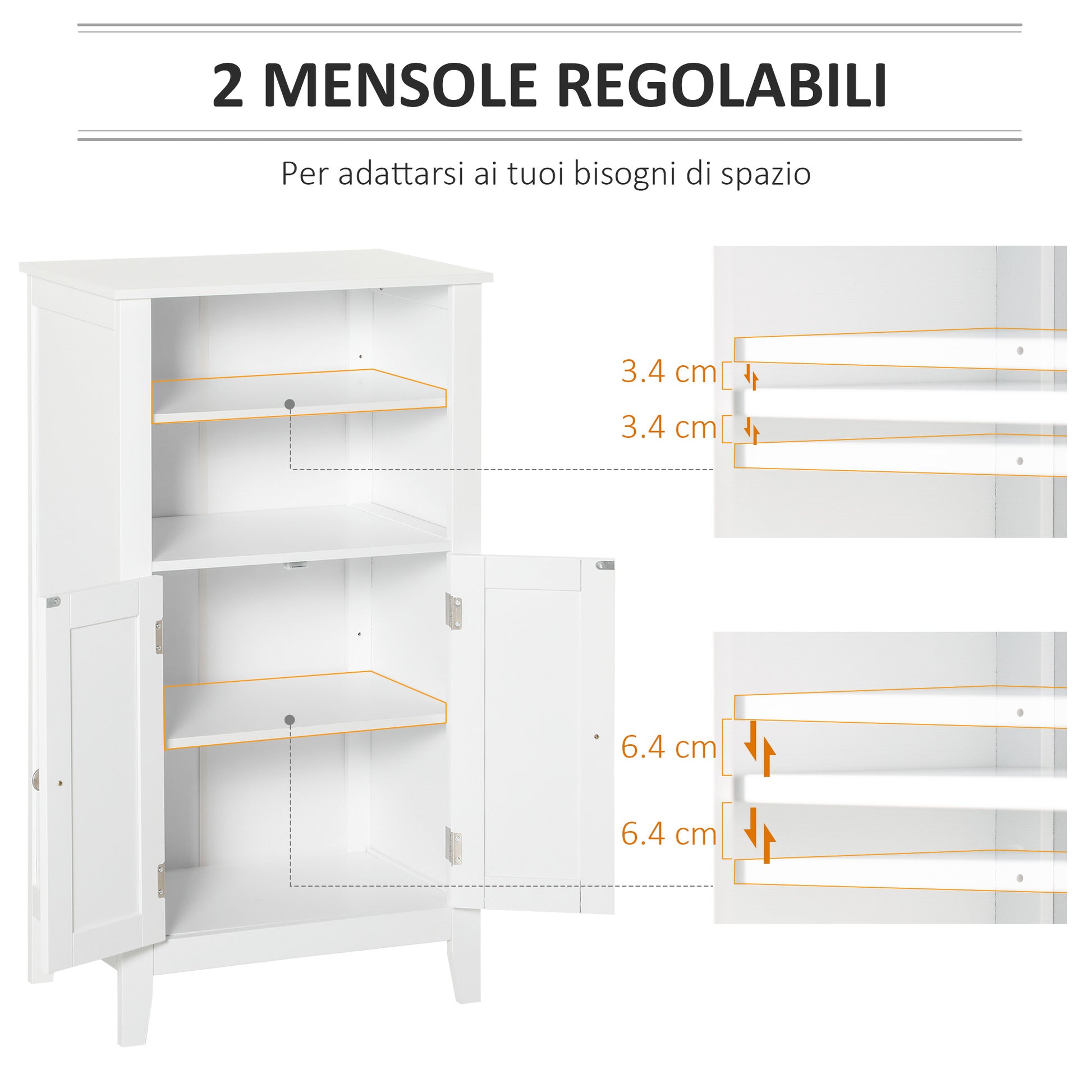 Bathroom Cabinet with Adjustable Shelves and 2 Doors, Multipurpose Wooden Bathroom Cabinet, White, 50x30x93cm