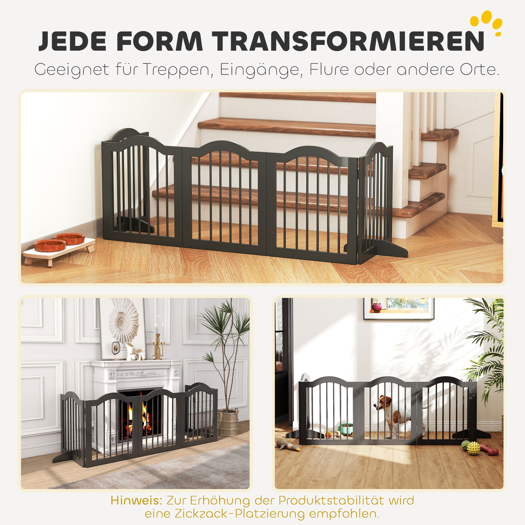 5-Piece Dog Gate, 103 x 24 in Folding Gate with Door, Freestanding Safety Gate with 2 Support Feet for Kitchen and Hallway, Black