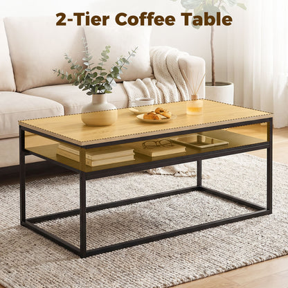 Coffee Table with Shelf, Modern Industrial Side Table for Living Room or Bedroom, 39.4 x 23.6 x 18.5 in (100 x 59.8 x 47 cm), Oak