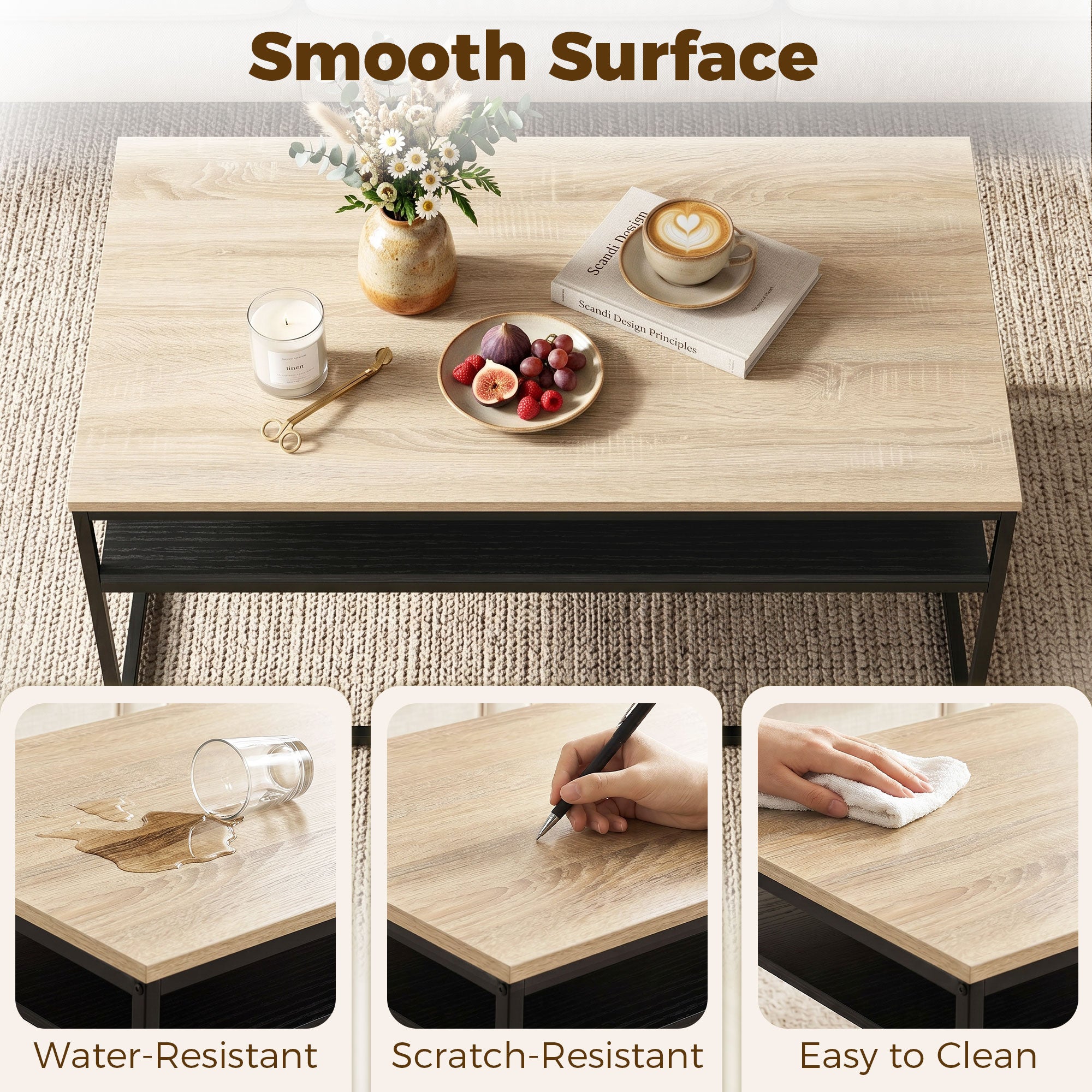 Coffee Table with Shelf, Modern Industrial Side Table for Living Room or Bedroom, 39.4 x 23.6 x 18.5 in (100 x 59.8 x 47 cm), Oak