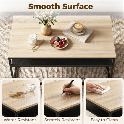 Coffee Table with Shelf, Modern Industrial Side Table for Living Room or Bedroom, 39.4 x 23.6 x 18.5 in (100 x 59.8 x 47 cm), Oak