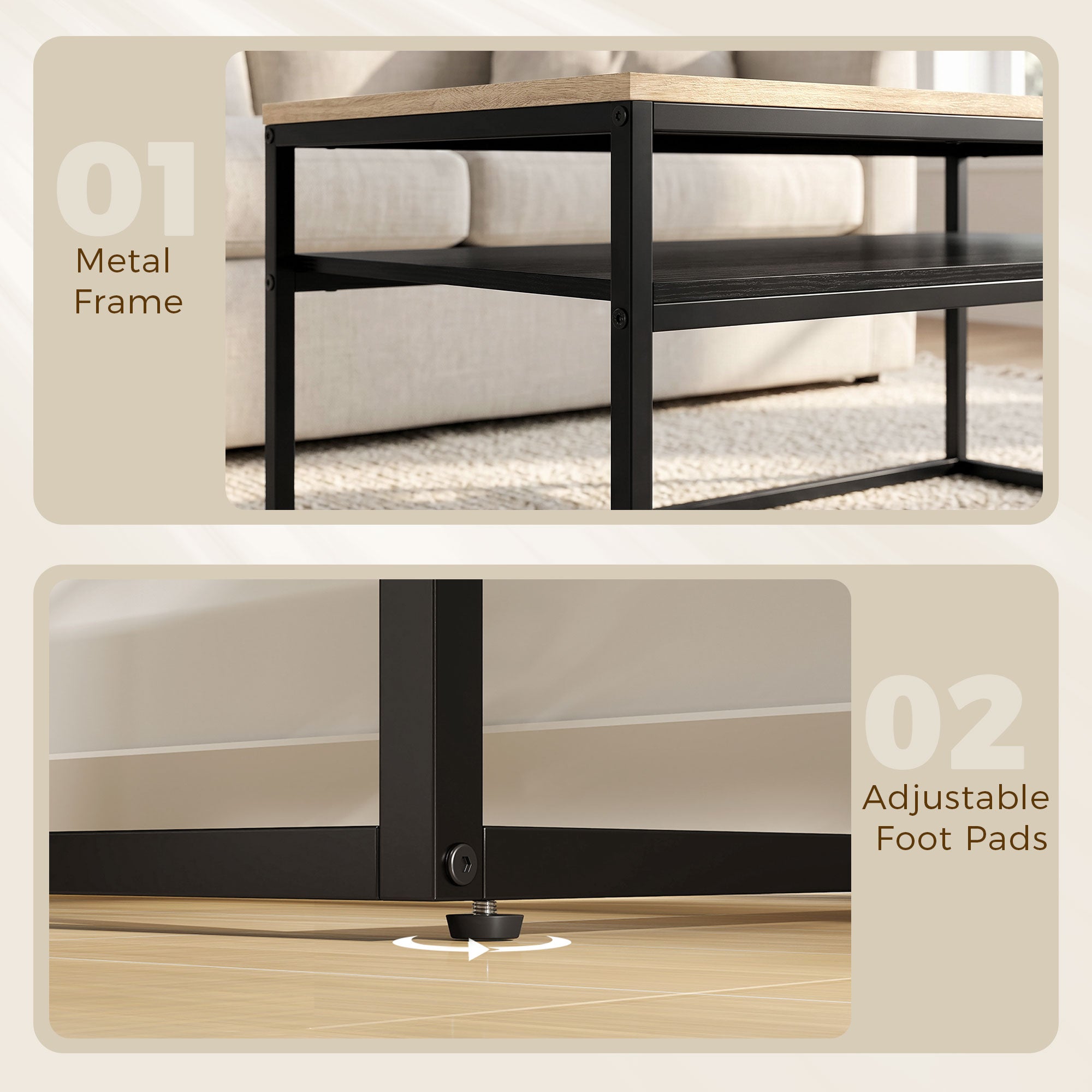 Coffee Table with Shelf, Modern Industrial Side Table for Living Room or Bedroom, 39.4 x 23.6 x 18.5 in (100 x 59.8 x 47 cm), Oak