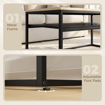 Coffee Table with Shelf, Modern Industrial Side Table for Living Room or Bedroom, 39.4 x 23.6 x 18.5 in (100 x 59.8 x 47 cm), Oak