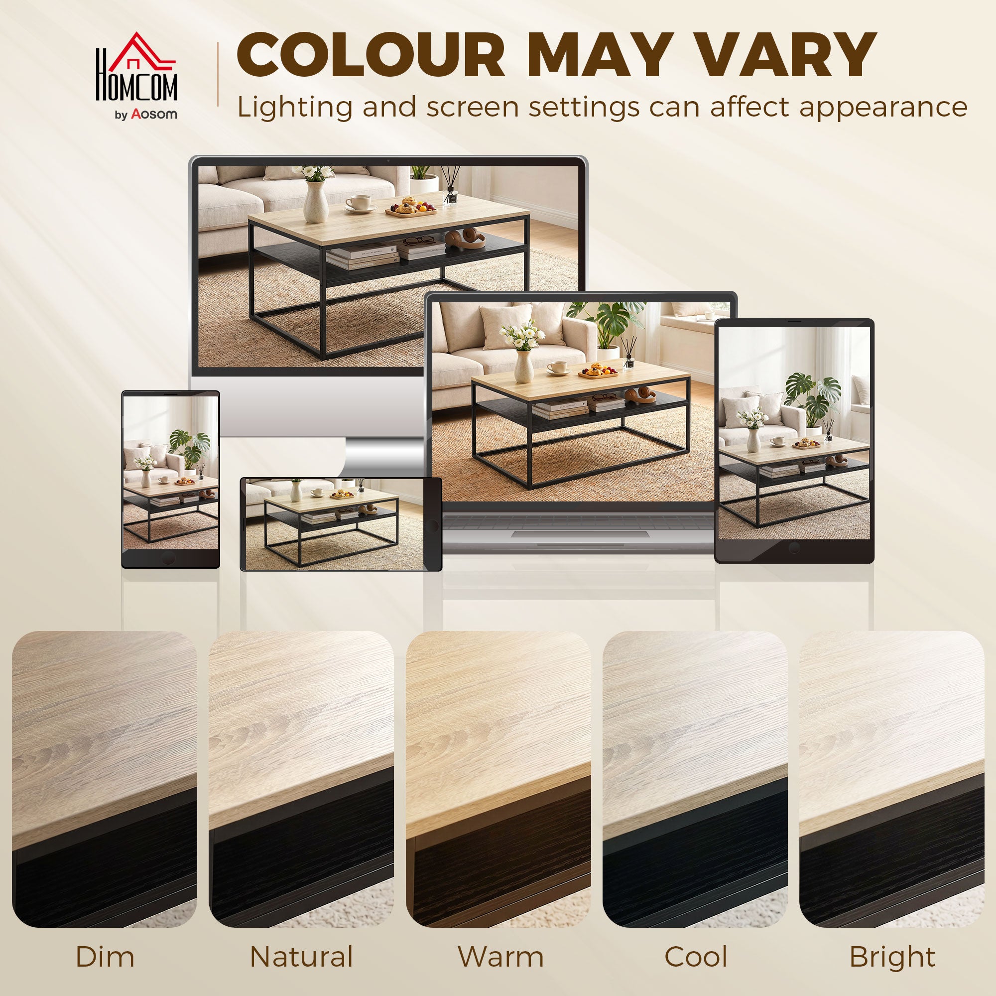 Coffee Table with Shelf, Modern Industrial Side Table for Living Room or Bedroom, 39.4 x 23.6 x 18.5 in (100 x 59.8 x 47 cm), Oak