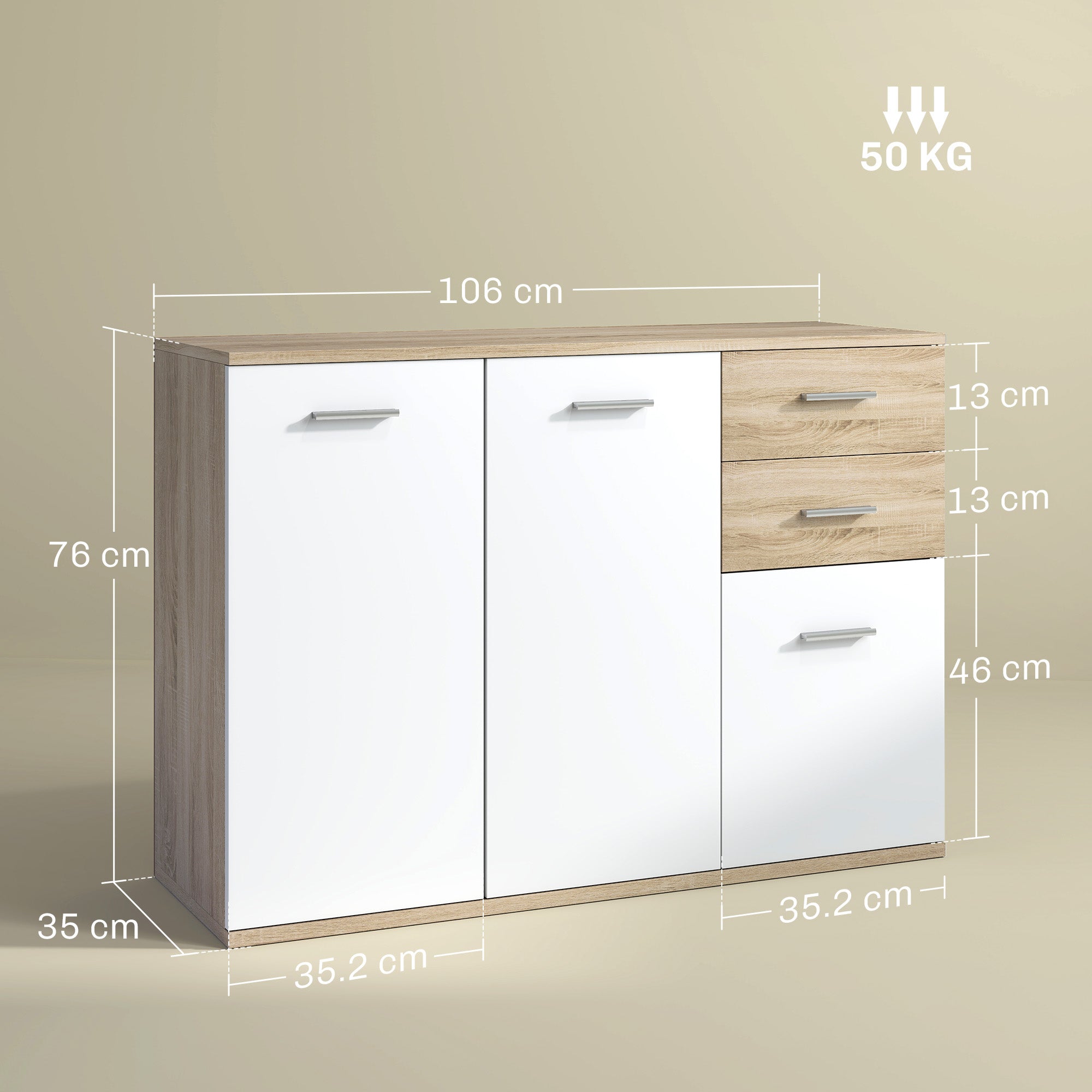 Living Room Sideboard with 3 Cabinets and 2 Drawers, Modern Space-Saving Sideboard with Adjustable Shelf in Wood, 106x35x76 cm, Wood Color