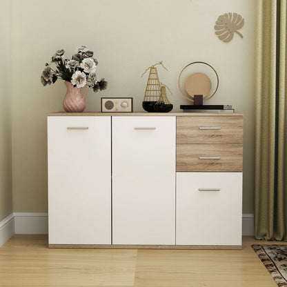 Living Room Sideboard with 3 Cabinets and 2 Drawers, Modern Space-Saving Sideboard with Adjustable Shelf in Wood, 106x35x76 cm, Wood Color