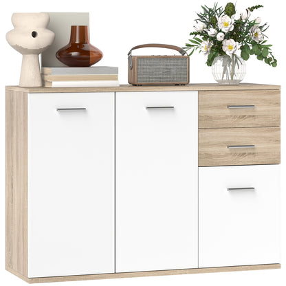 Living Room Sideboard with 3 Cabinets and 2 Drawers, Modern Space-Saving Sideboard with Adjustable Shelf in Wood, 106x35x76 cm, Wood Color