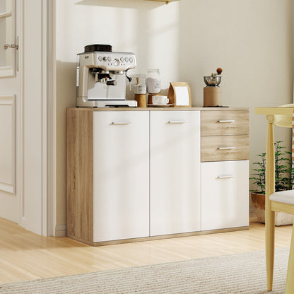 Living Room Sideboard with 3 Cabinets and 2 Drawers, Modern Space-Saving Sideboard with Adjustable Shelf in Wood, 106x35x76 cm, Wood Color