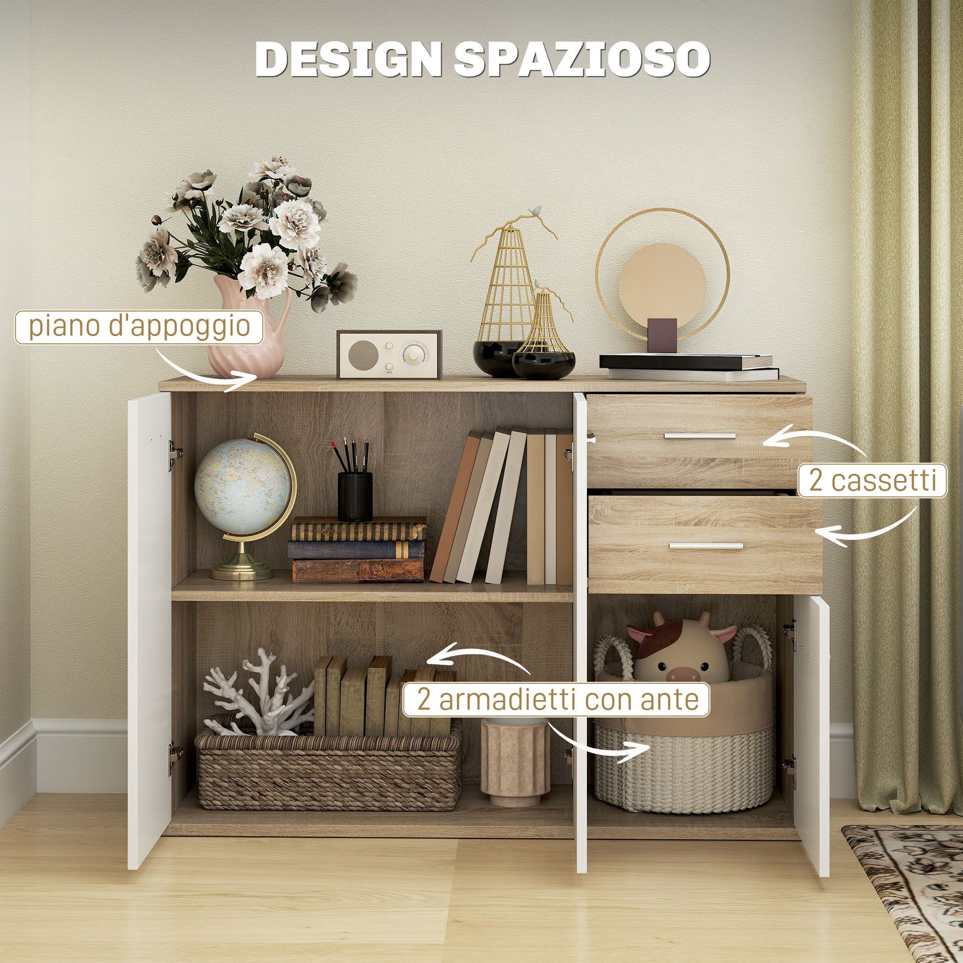 Living Room Sideboard with 3 Cabinets and 2 Drawers, Modern Space-Saving Sideboard with Adjustable Shelf in Wood, 106x35x76 cm, Wood Color