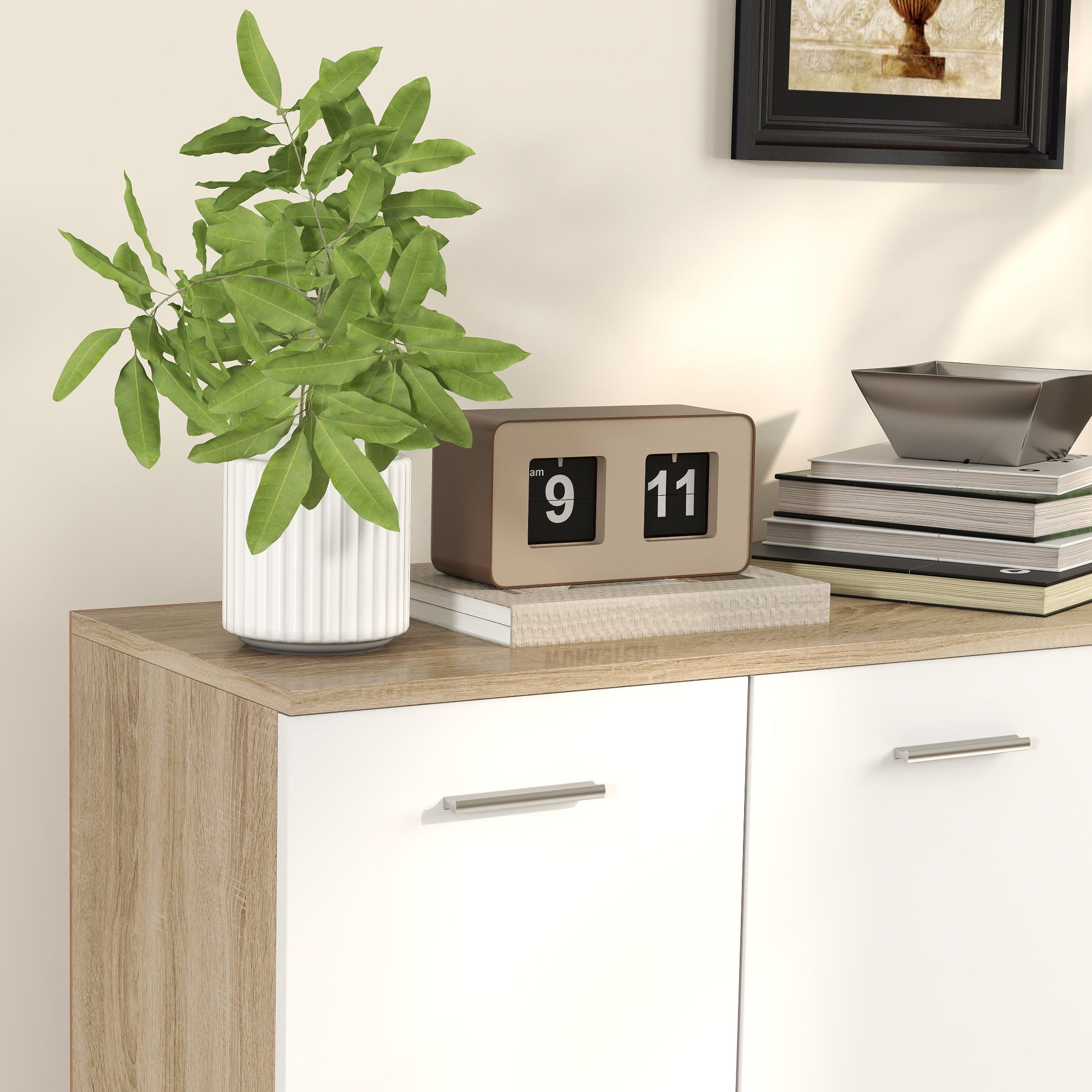 Living Room Sideboard with 3 Cabinets and 2 Drawers, Modern Space-Saving Sideboard with Adjustable Shelf in Wood, 106x35x76 cm, Wood Color