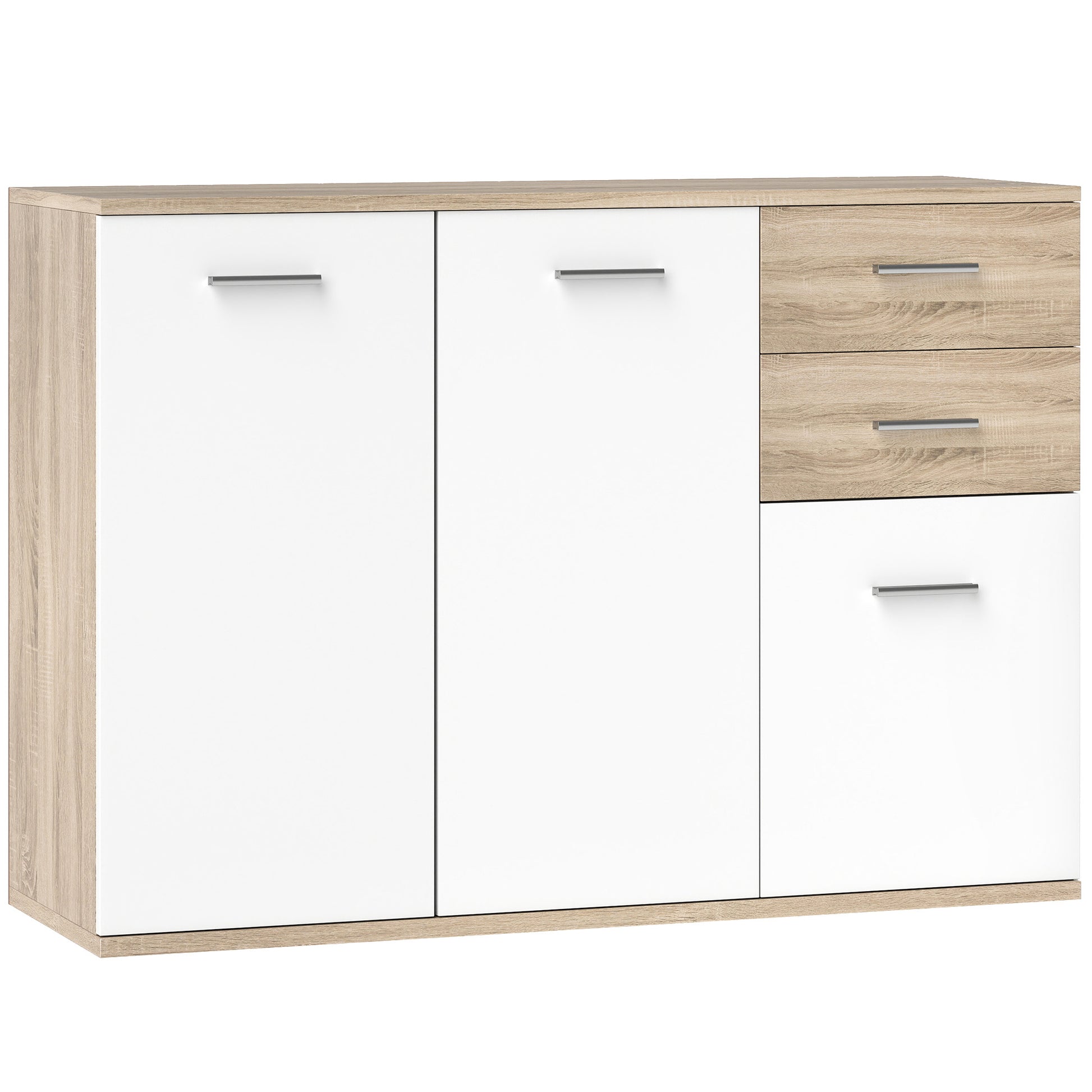 Living Room Sideboard with 3 Cabinets and 2 Drawers, Modern Space-Saving Sideboard with Adjustable Shelf in Wood, 106x35x76 cm, Wood Color