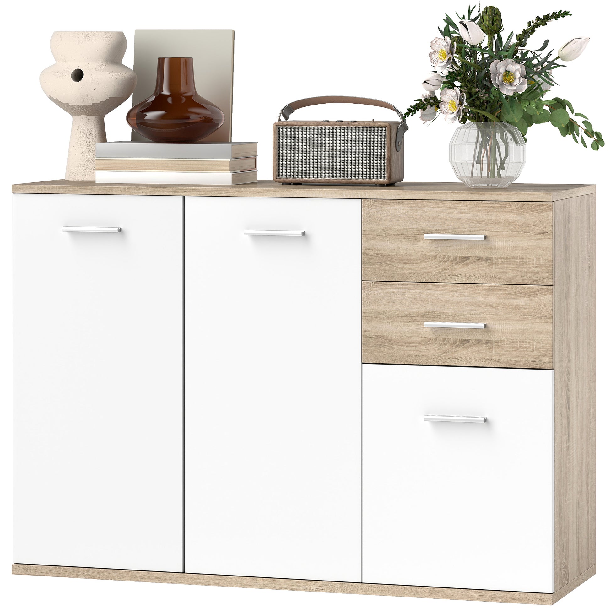Living Room Sideboard with 3 Cabinets and 2 Drawers, Modern Space-Saving Sideboard with Adjustable Shelf in Wood, 106x35x76 cm, Wood Color