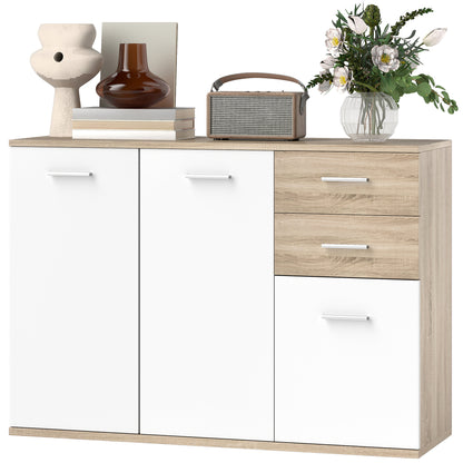 Living Room Sideboard with 3 Cabinets and 2 Drawers, Modern Space-Saving Sideboard with Adjustable Shelf in Wood, 106x35x76 cm, Wood Color