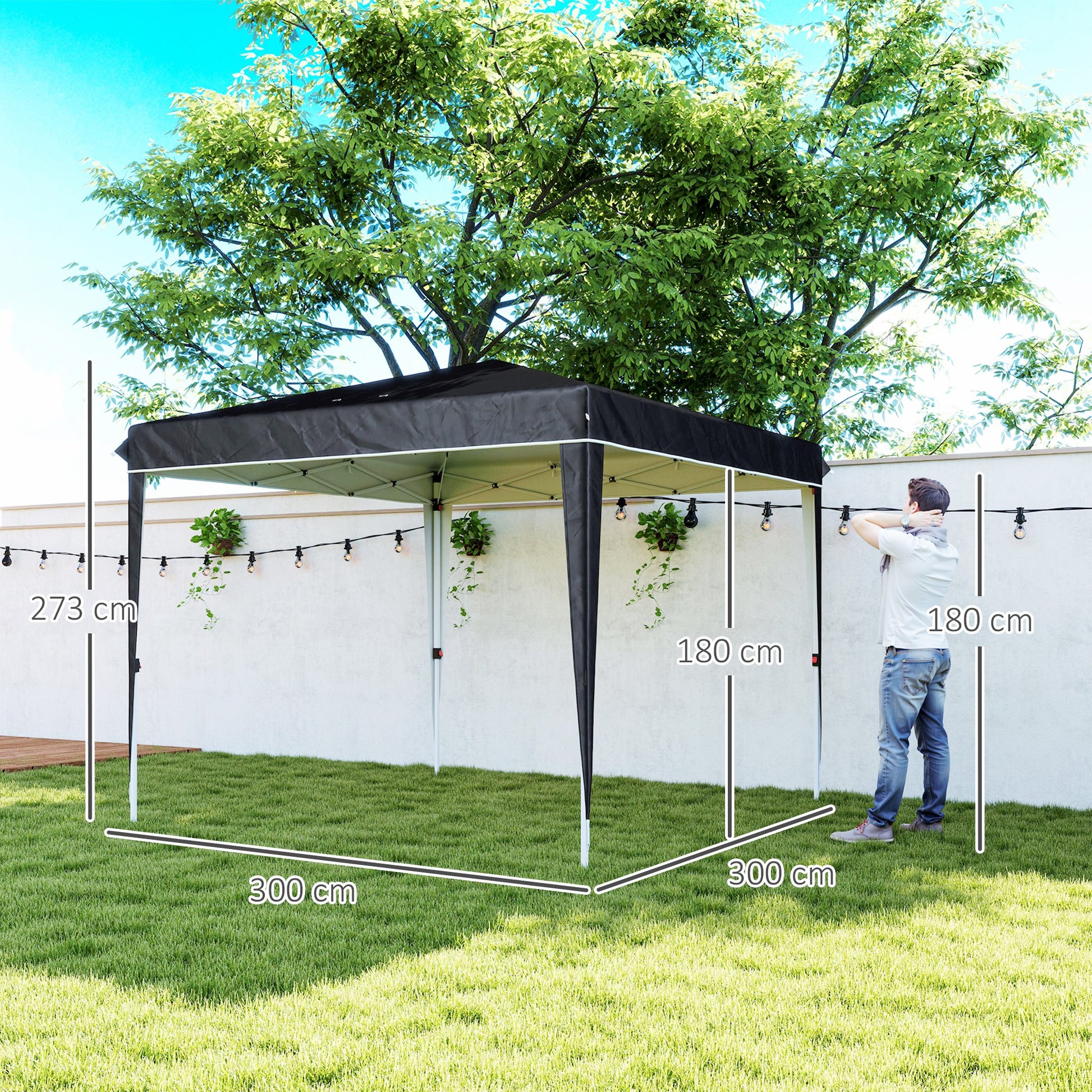 Gazebo 3x3 m Foldable Pop Up Adjustable Height with Drainage Holes, Outdoor Gazebo in Metal and Oxford Fabric with Carrying Bag, UV50+, for Garden, Parties, Camping, Black