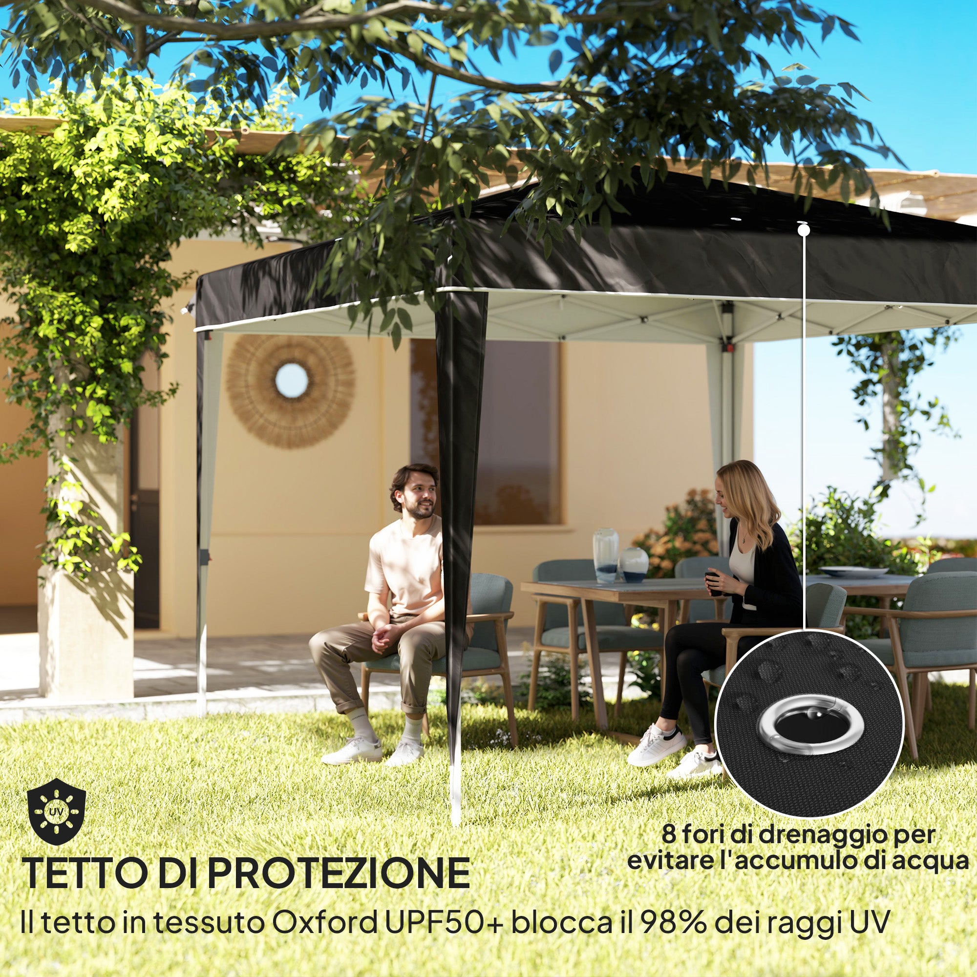 Gazebo 3x3 m Foldable Pop Up Adjustable Height with Drainage Holes, Outdoor Gazebo in Metal and Oxford Fabric with Carrying Bag, UV50+, for Garden, Parties, Camping, Black