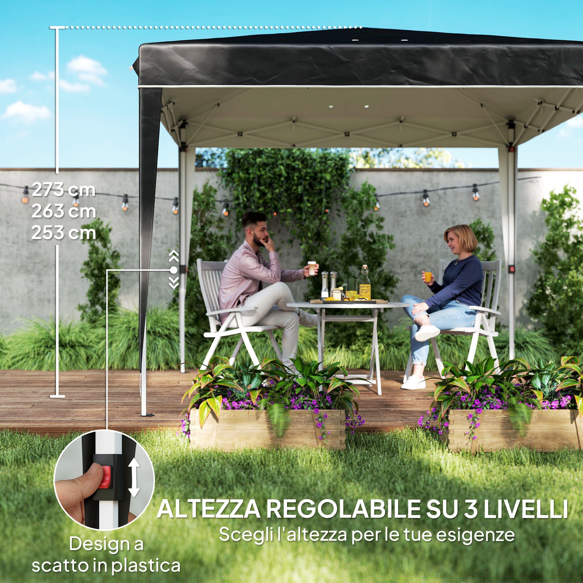 Gazebo 3x3 m Foldable Pop Up Adjustable Height with Drainage Holes, Outdoor Gazebo in Metal and Oxford Fabric with Carrying Bag, UV50+, for Garden, Parties, Camping, Black