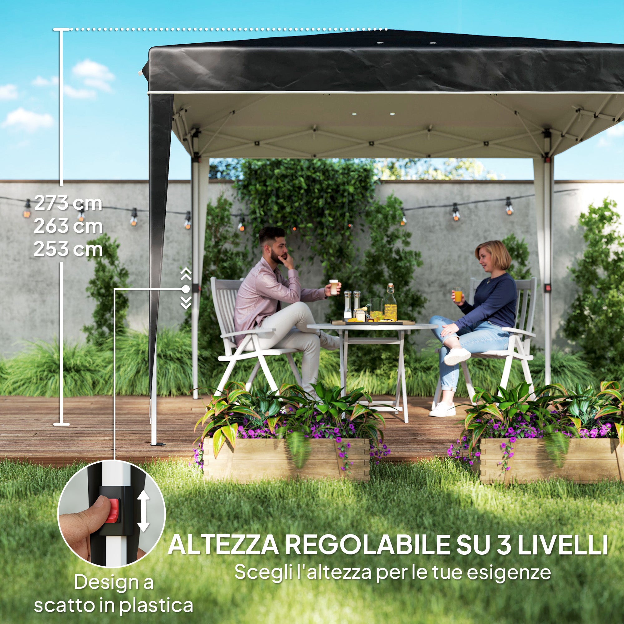 Gazebo 3x3 m Foldable Pop Up Adjustable Height with Drainage Holes, Outdoor Gazebo in Metal and Oxford Fabric with Carrying Bag, UV50+, for Garden, Parties, Camping, Black