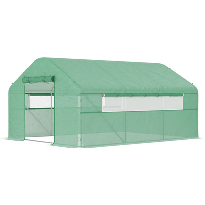 Outdoor Greenhouse 4x3x2 m Tunnel Greenhouse with 2 Mesh Windows Anti-UV PE Cover and 1 Roll-Up Door with Zipper Green Garden Greenhouse