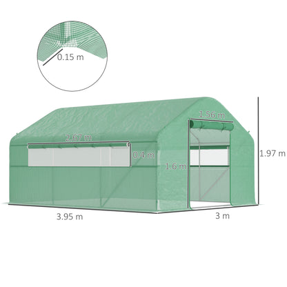 Outdoor Greenhouse 4x3x2 m Tunnel Greenhouse with 2 Mesh Windows Anti-UV PE Cover and 1 Roll-Up Door with Zipper Green Garden Greenhouse