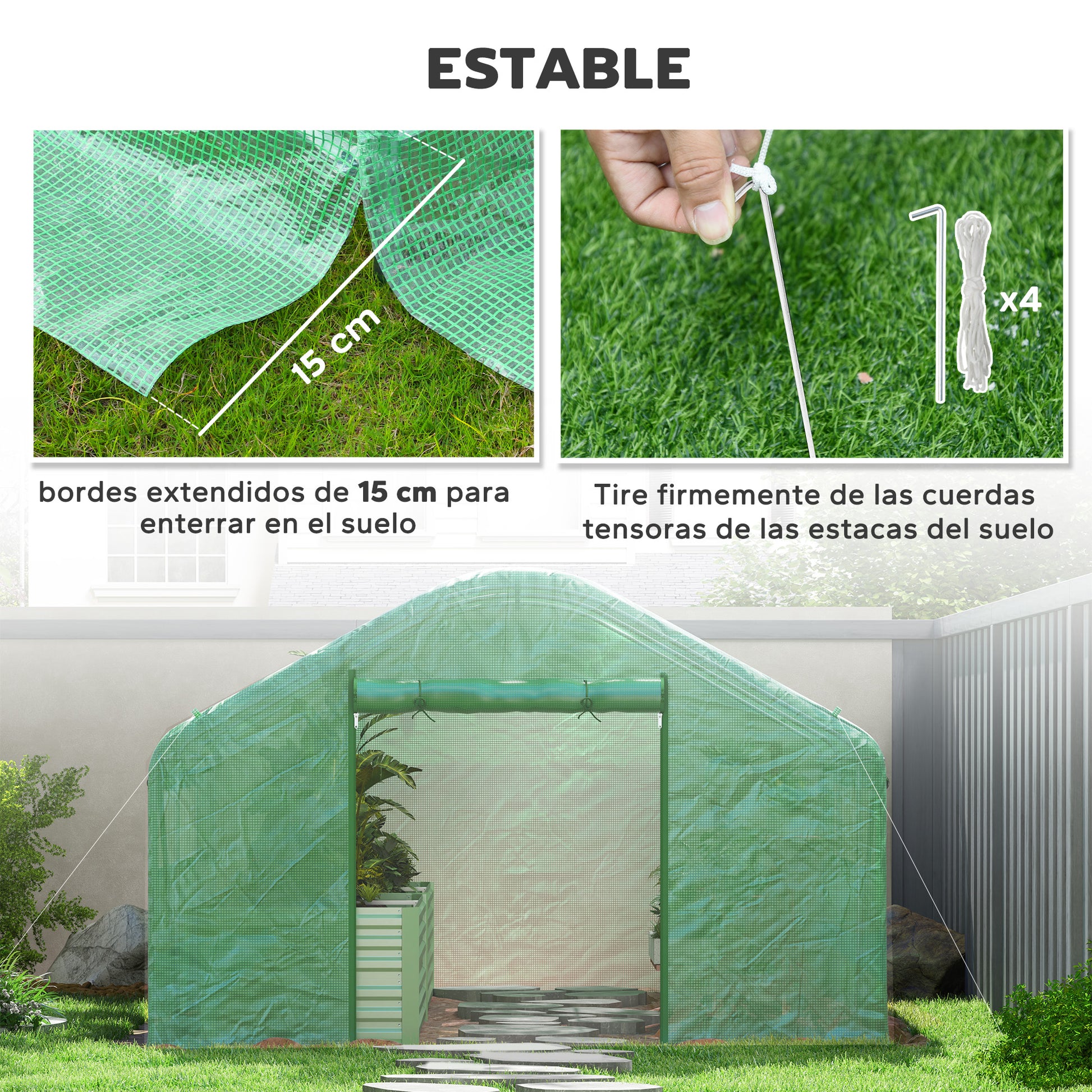 Outdoor Greenhouse 4x3x2 m Tunnel Greenhouse with 2 Mesh Windows Anti-UV PE Cover and 1 Roll-Up Door with Zipper Green Garden Greenhouse
