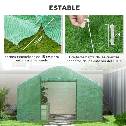 Outdoor Greenhouse 4x3x2 m Tunnel Greenhouse with 2 Mesh Windows Anti-UV PE Cover and 1 Roll-Up Door with Zipper Green Garden Greenhouse