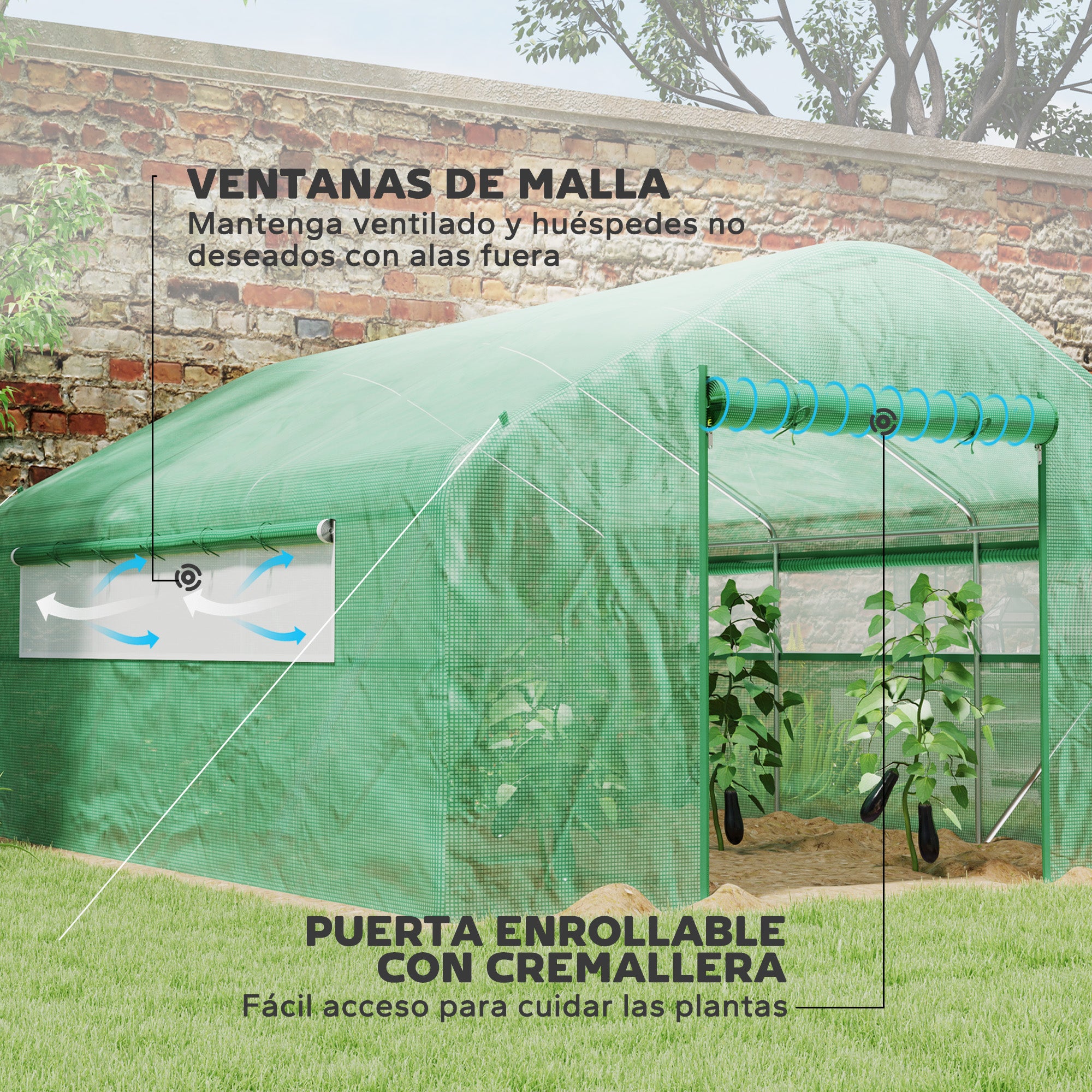 Outdoor Greenhouse 4x3x2 m Tunnel Greenhouse with 2 Mesh Windows Anti-UV PE Cover and 1 Roll-Up Door with Zipper Green Garden Greenhouse