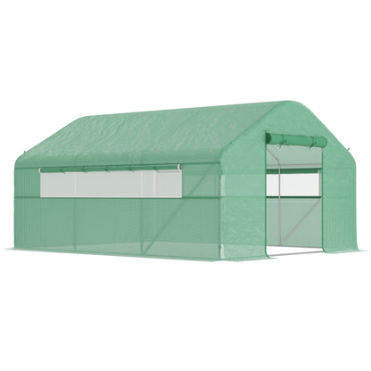 Outdoor Greenhouse 4x3x2 m Tunnel Greenhouse with 2 Mesh Windows Anti-UV PE Cover and 1 Roll-Up Door with Zipper Green Garden Greenhouse
