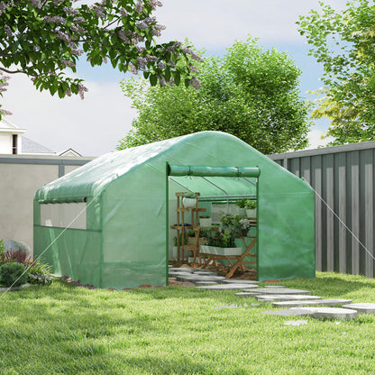 Outdoor Greenhouse 4x3x2 m Tunnel Greenhouse with 2 Mesh Windows Anti-UV PE Cover and 1 Roll-Up Door with Zipper Green Garden Greenhouse