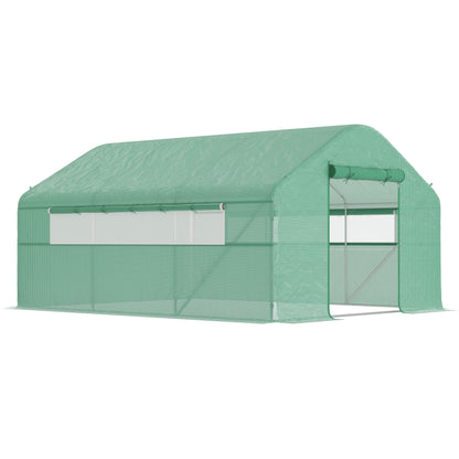 Outdoor Greenhouse 4x3x2 m Tunnel Greenhouse with 2 Mesh Windows Anti-UV PE Cover and 1 Roll-Up Door with Zipper Green Garden Greenhouse