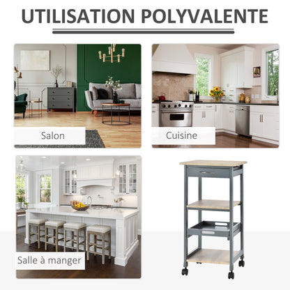 Kitchen Service Cart Trolley with Wheels 2 Shelves + Removable Tray + Drawer Pine Wood MDF Gray Light Oak