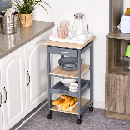 Kitchen Service Cart Trolley with Wheels 2 Shelves + Removable Tray + Drawer Pine Wood MDF Gray Light Oak