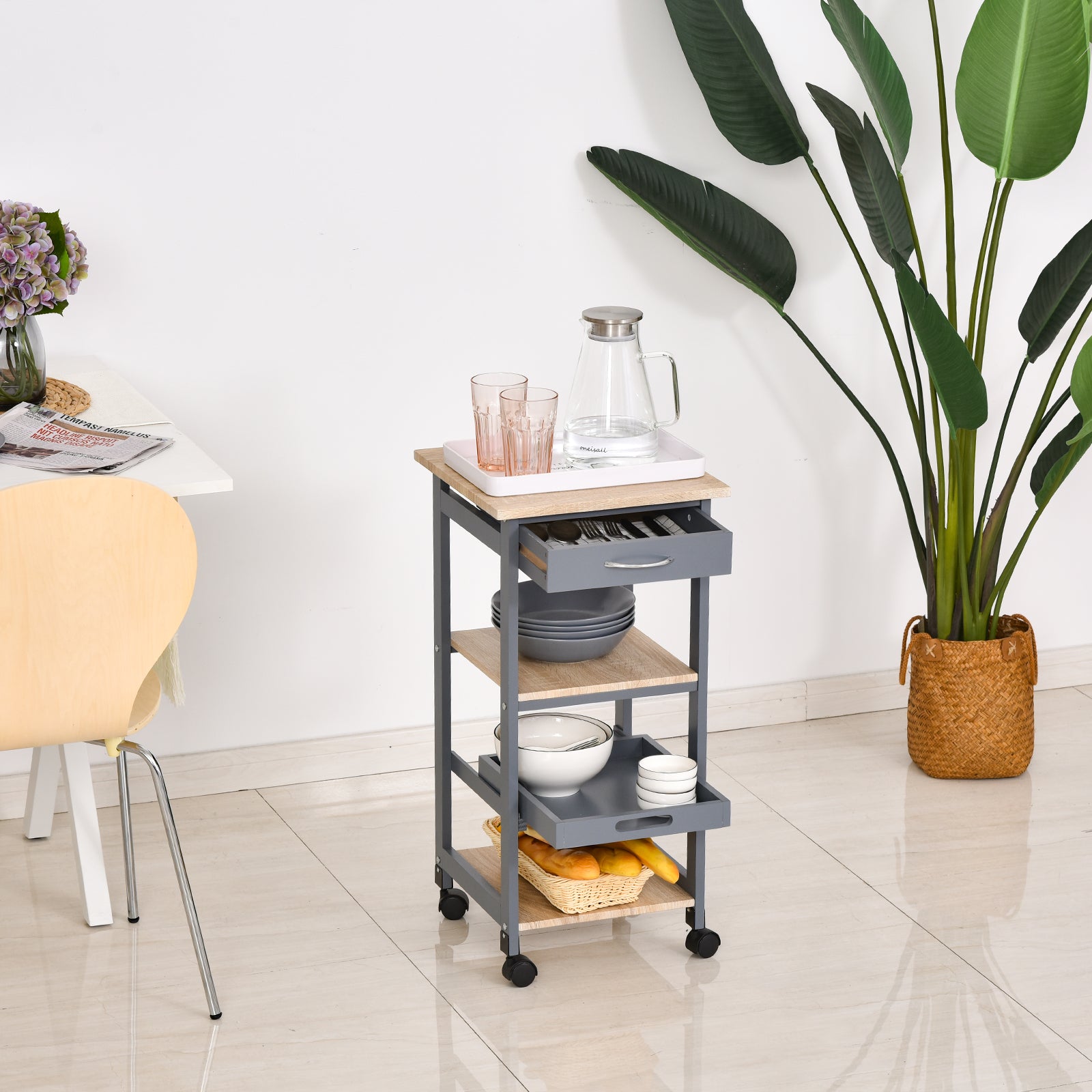 Kitchen Service Cart Trolley with Wheels 2 Shelves + Removable Tray + Drawer Pine Wood MDF Gray Light Oak