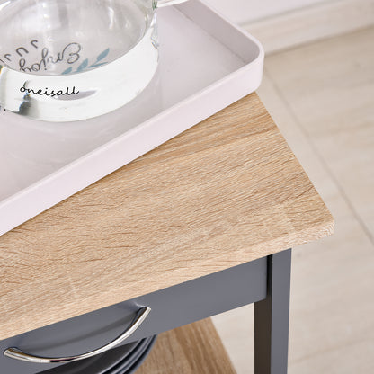 Kitchen Service Cart Trolley with Wheels 2 Shelves + Removable Tray + Drawer Pine Wood MDF Gray Light Oak